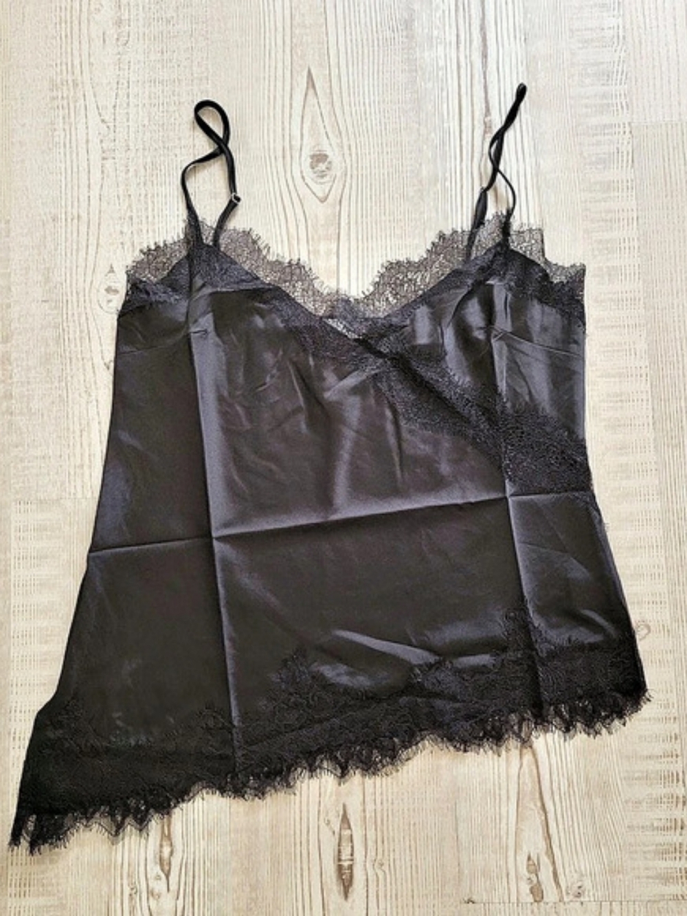 NWOT Love Tree Satin Lace Trim Asymmetrical Edgy Camisole Top Black Size Medium